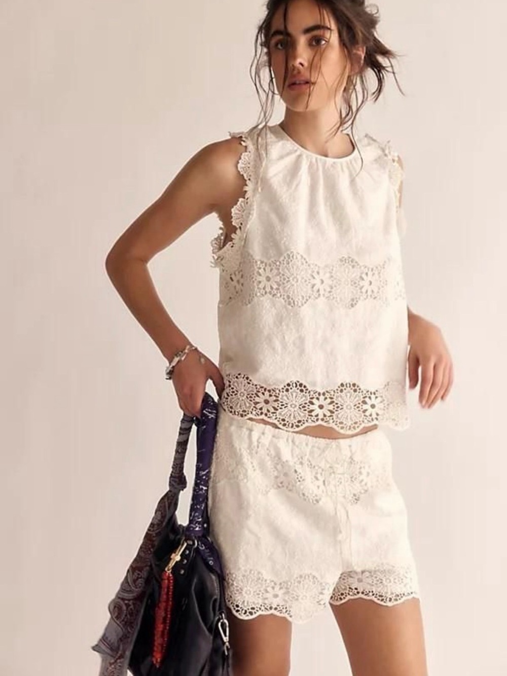 Ashtin Set- Free People Cream Lace-Trim High Waist Shorts and Top Set